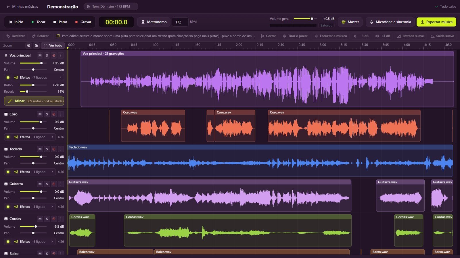 Pistas de gravação no Vozz Studio