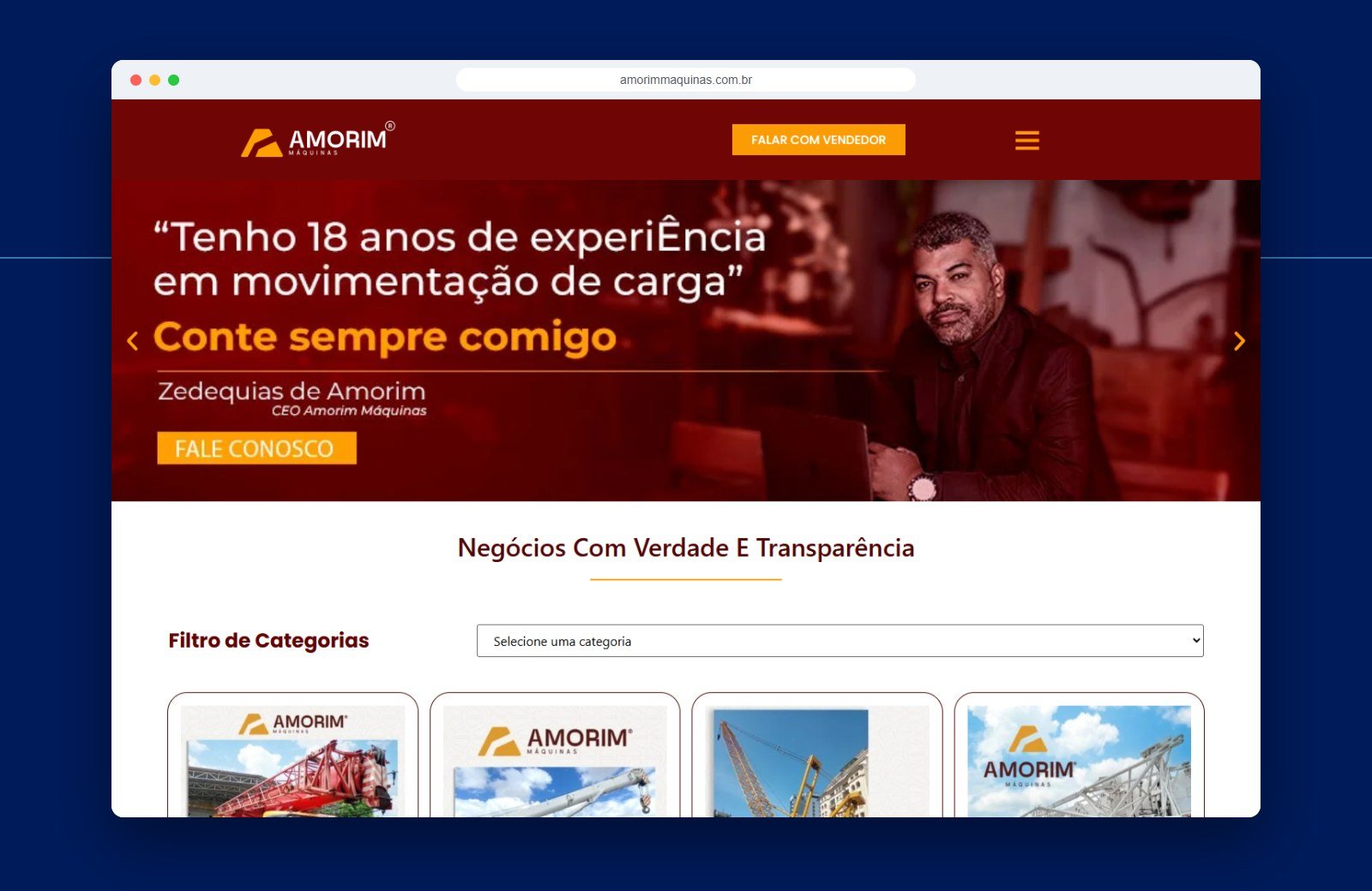 Página inicial do site Amorim Máquinas