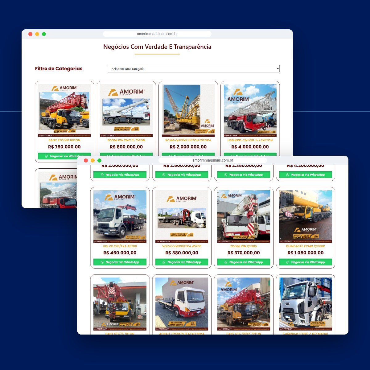 Seções do site Amorim Máquinas