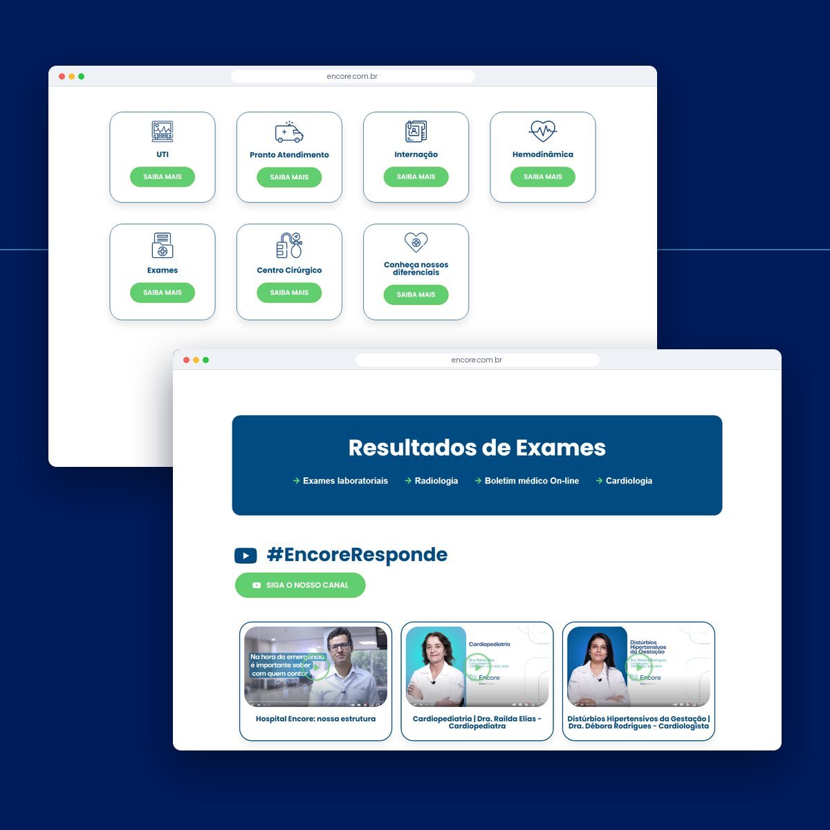 Seções do site Hospital Encore