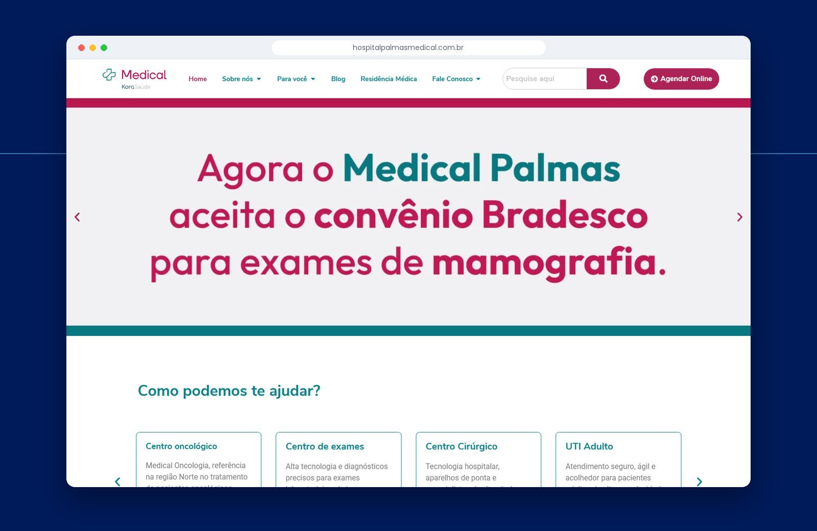 Página inicial do site Hospital Palmas Medical